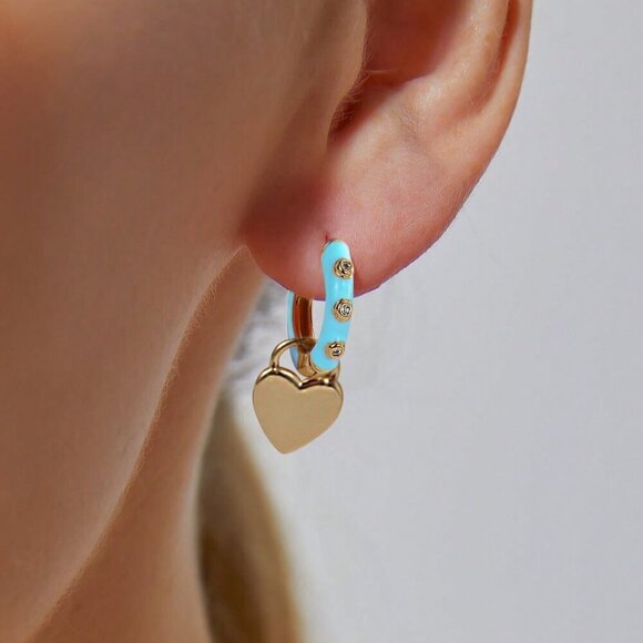 Blue Elegant Women's Glamorous Heart Shaped Hoop Earrings - Picture 2 of 4